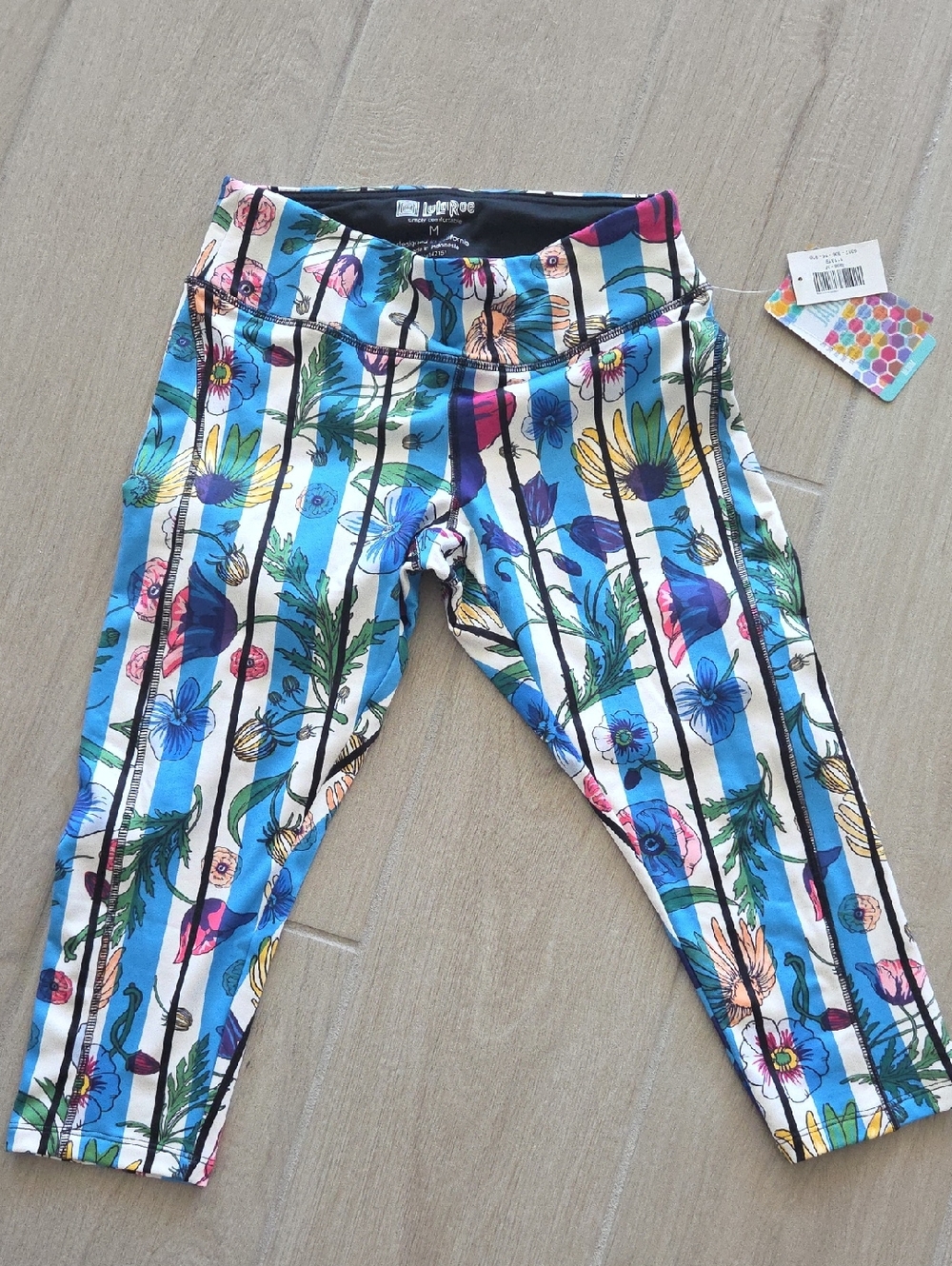 LuLaRoe Jade Floral Stripe Capri Leggings - Blue, White, Yellow, Pink, Green